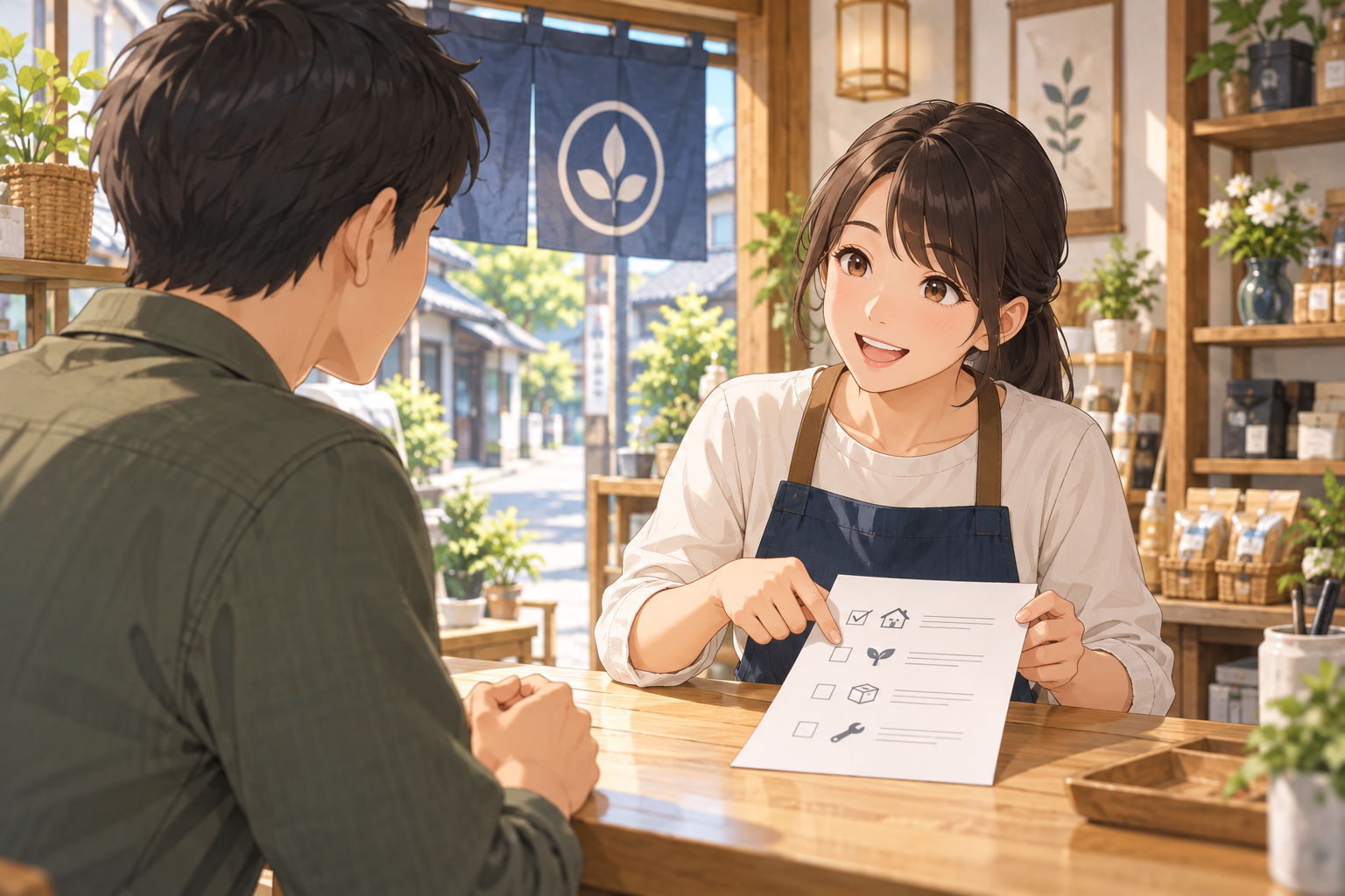 Anime illustration of a small business owner discussing a checklist with a customer