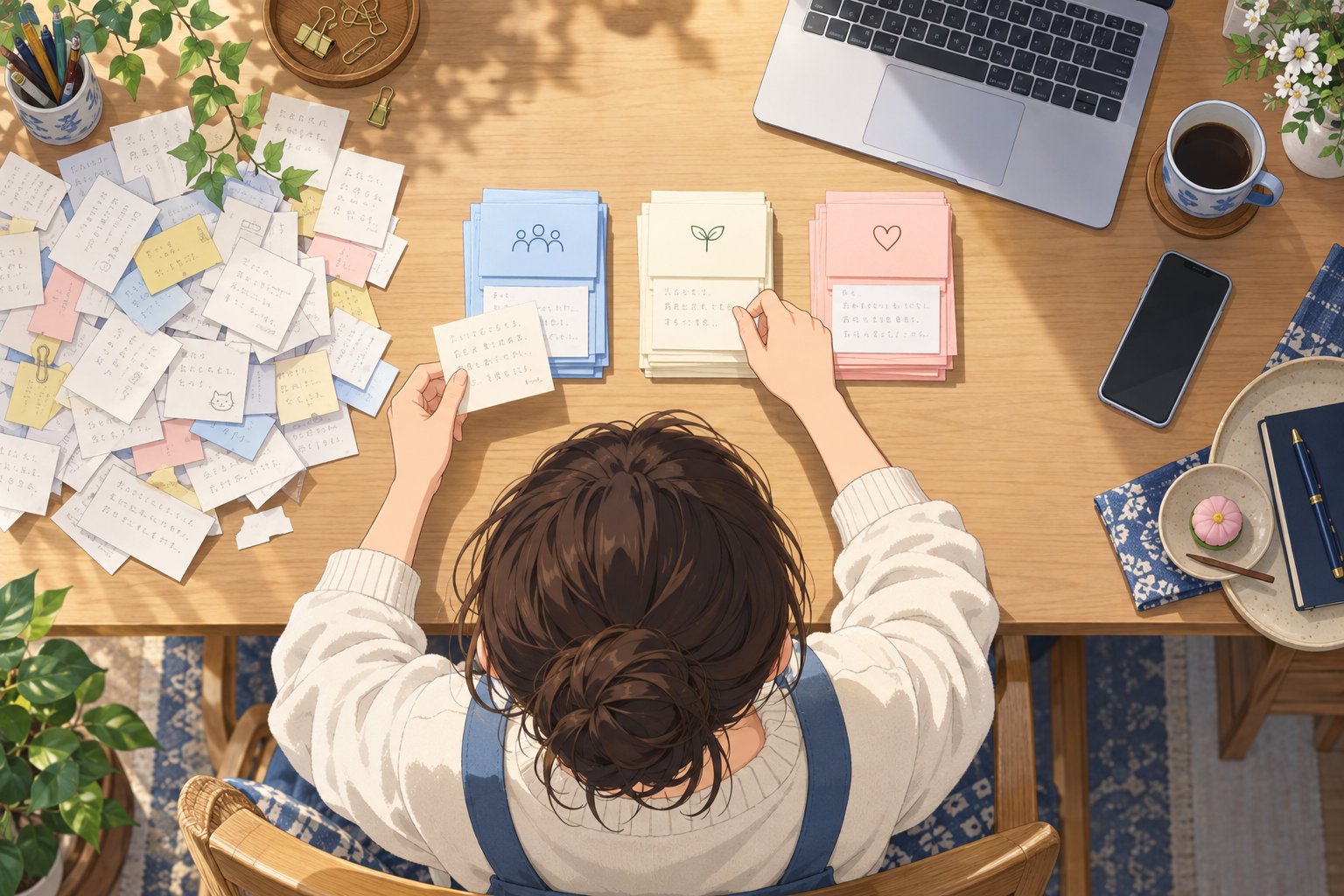 Anime illustration of a business owner organizing scattered notes into clear groups