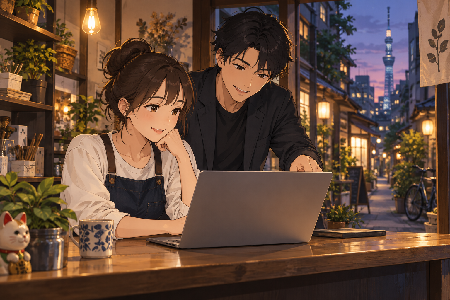 Anime illustration of a business owner reviewing progress with a supportive engineer