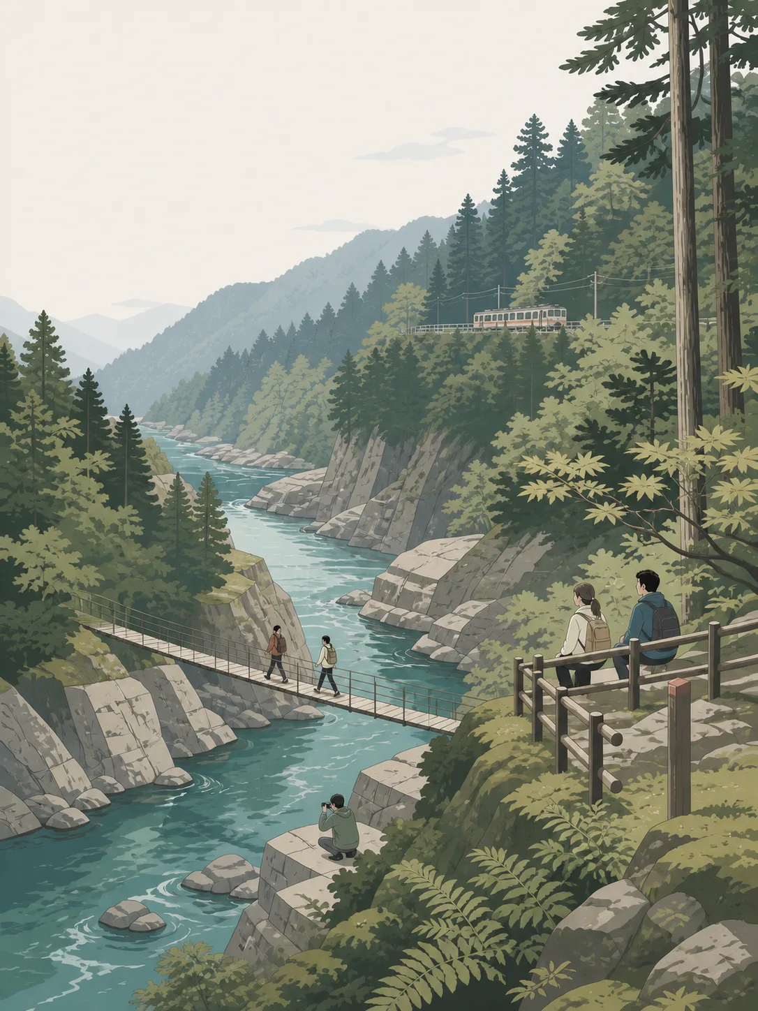 Walkers crossing a footbridge above the forested Hatonosu gorge in Okutama