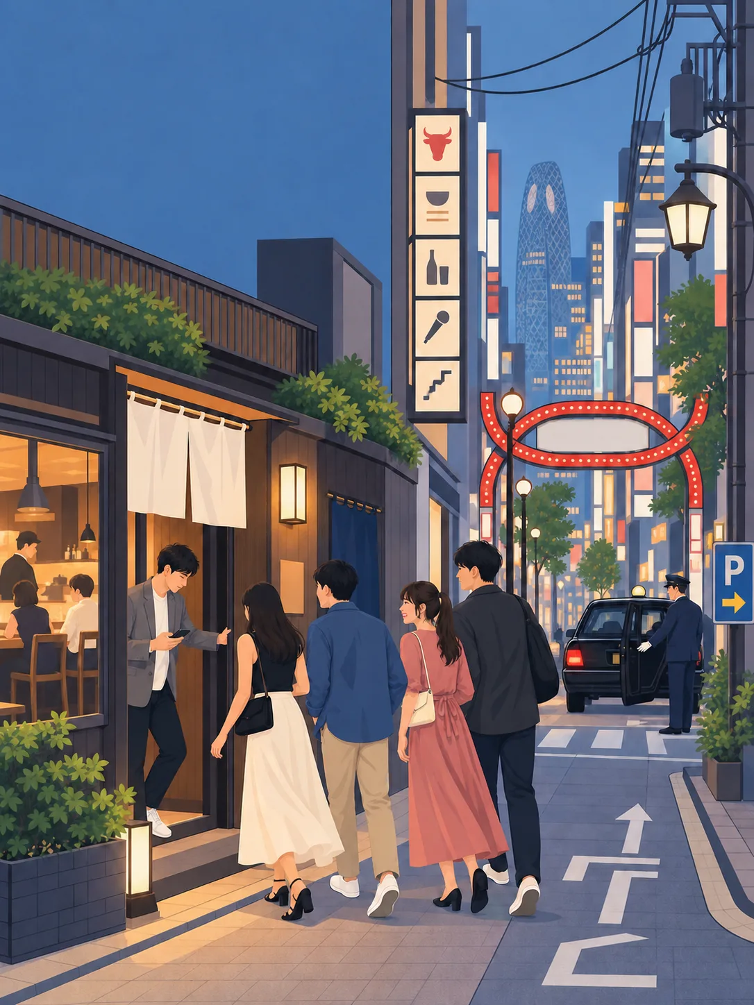 A small group arriving at a Shinjuku restaurant with a Tokyo taxi waiting nearby
