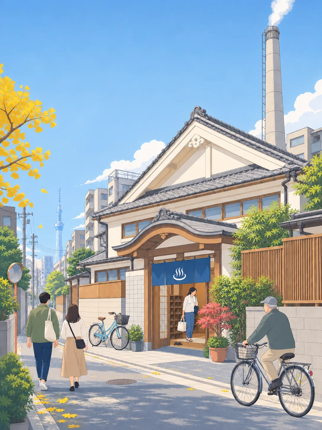 A quiet Tokyo neighborhood bathhouse with bicycles and Tokyo Skytree in the distance