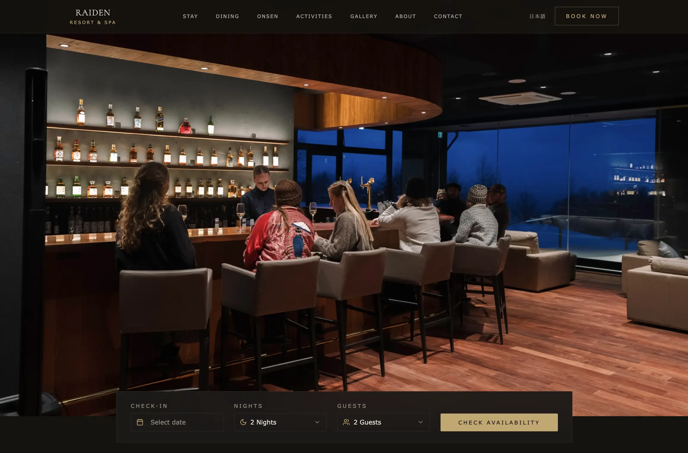 The Raiden Resort site: logo, navigation, full-bleed photography and the check-in booking bar